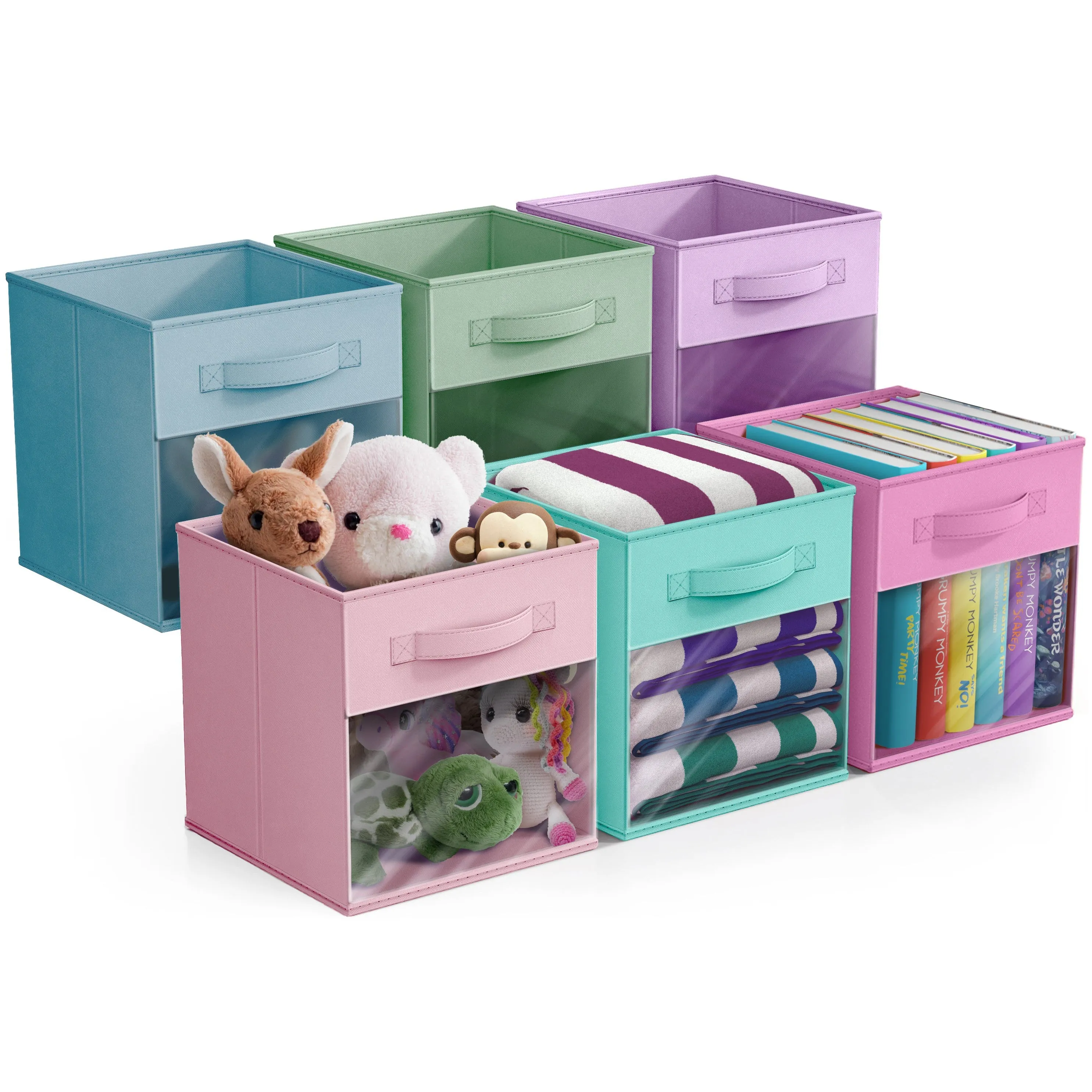 11" Cube Storage Bins with Window (6 Pack, Pastel Set)