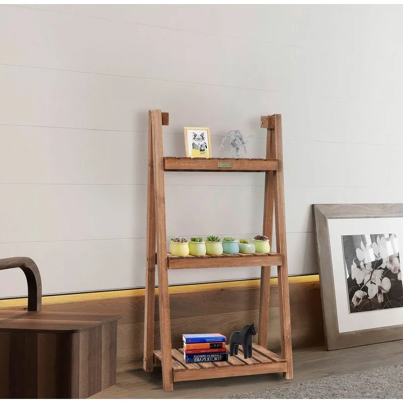 3-Tier Folding Wood Plant Stand Freestanding Plant Shelf Can Also Be Used as an Organizing Shelf, Shoes Storage Shelf and Bathroom Shelf