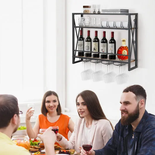 3-Tiers Industrial Wall Mounted Wine Rack with Glass Holder and Metal Frame