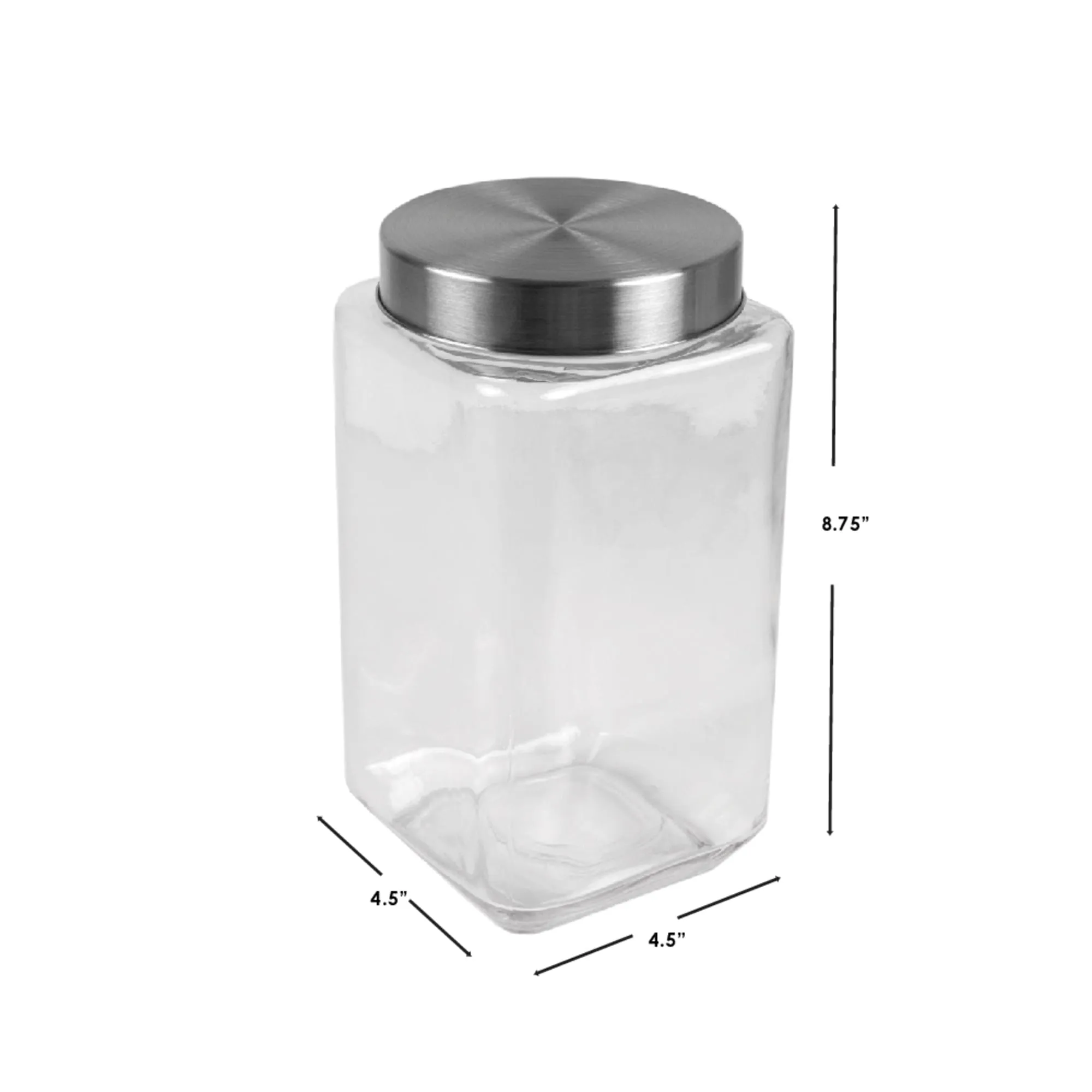 67 oz. Square Glass Canister with Brushed Stainless Steel Screw-on Lid Clear