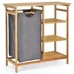 Bamboo Laundry Hamper Stand with Removable Sliding Bag and 3-Tier Open Shelves