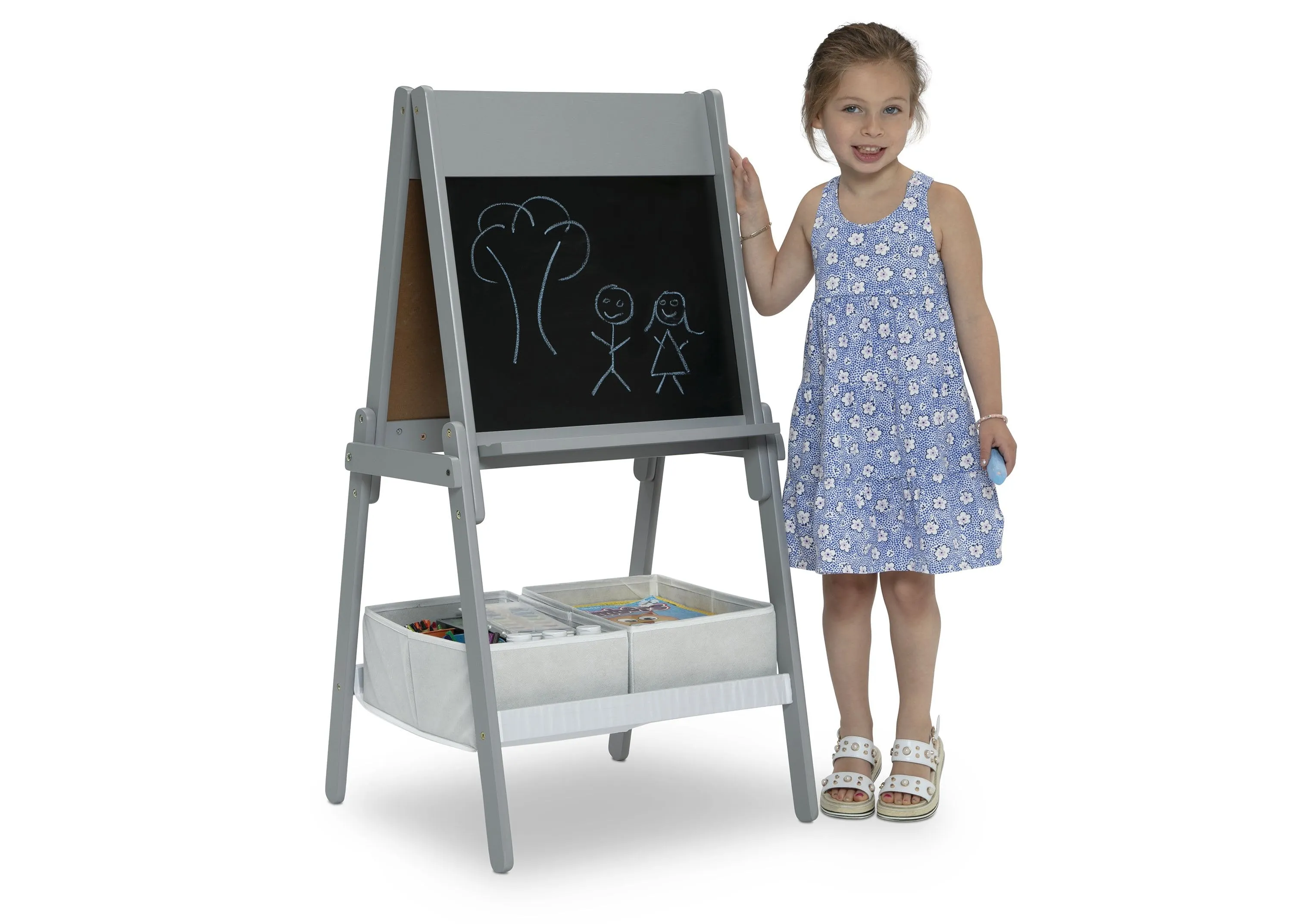 Chelsea Double-Sided Storage Easel with Paper Roll and Magnets | Dry Erase Surface & Chalkboard Surface