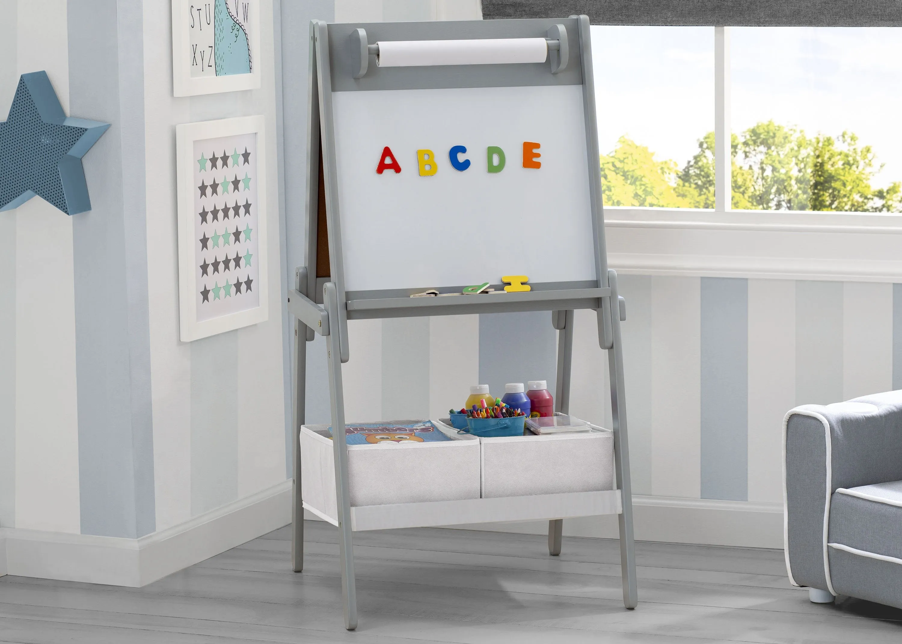 Chelsea Double-Sided Storage Easel with Paper Roll and Magnets | Dry Erase Surface & Chalkboard Surface