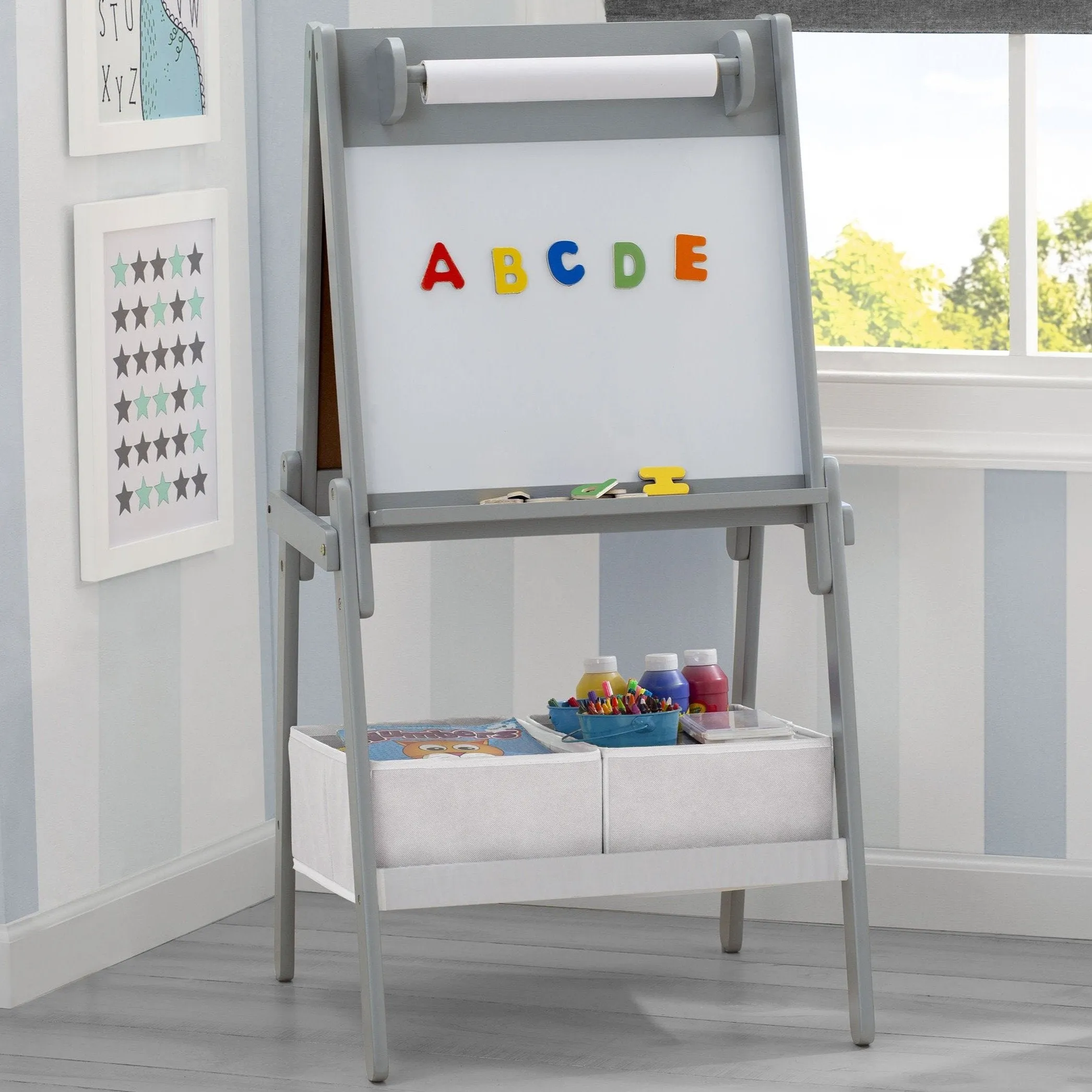 Chelsea Double-Sided Storage Easel with Paper Roll and Magnets | Dry Erase Surface & Chalkboard Surface