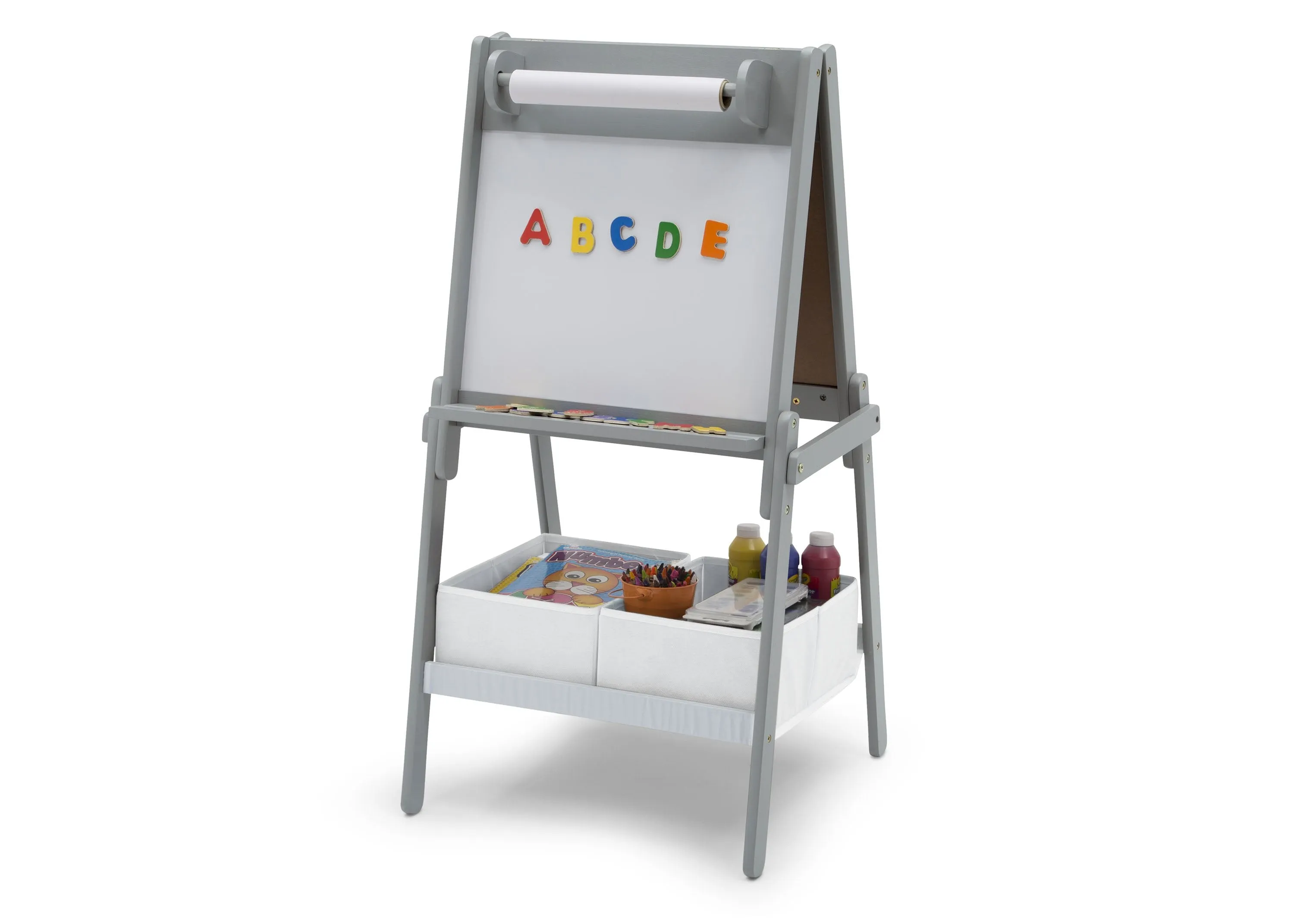 Chelsea Double-Sided Storage Easel with Paper Roll and Magnets | Dry Erase Surface & Chalkboard Surface