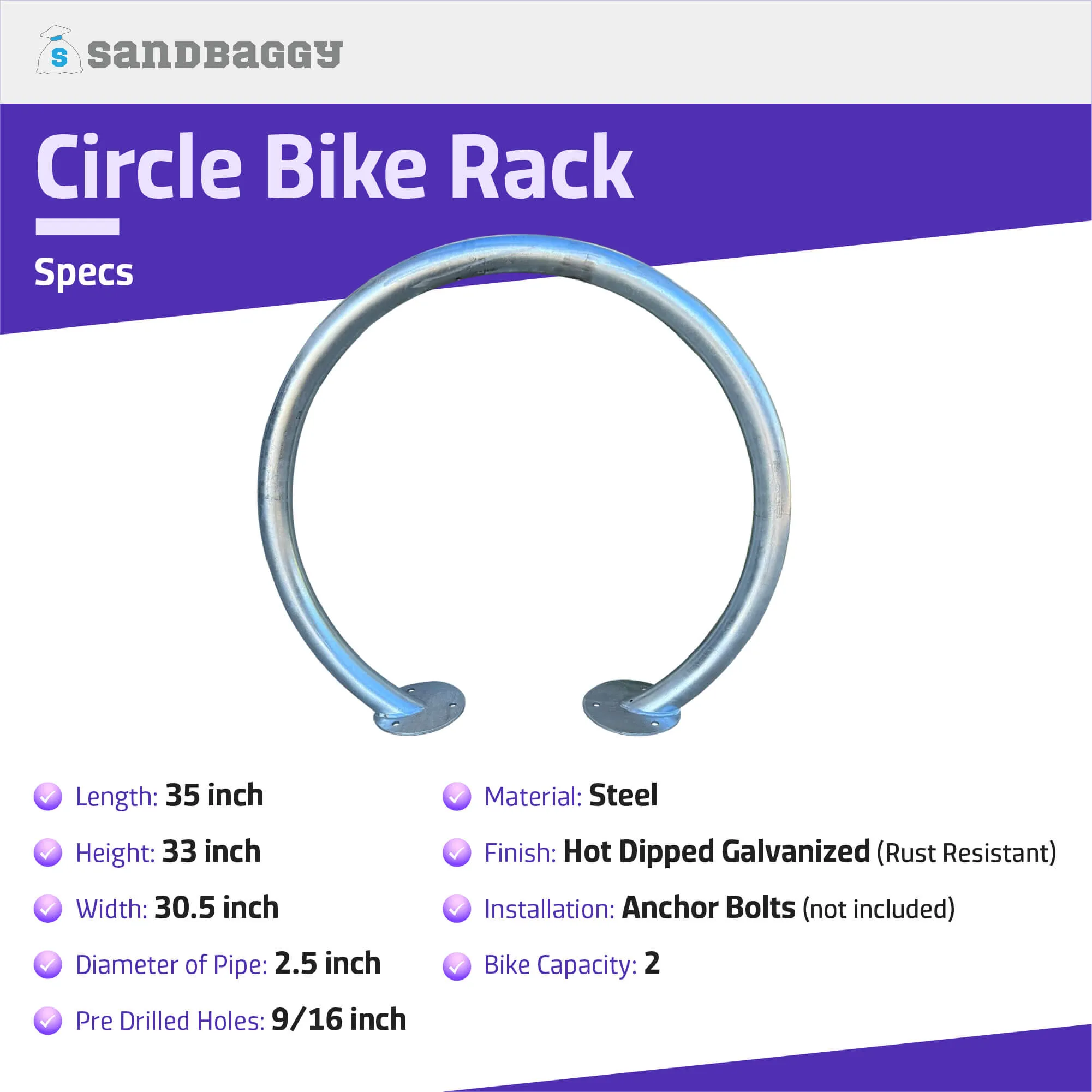 Commercial Circle Bike Racks - Surface Mount - Galvanized Steel - 2 Bike Capacity