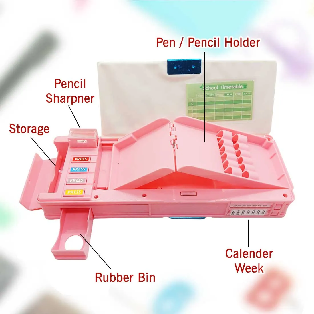 Customised Pencil Box Switch Operated Multi-functional Compass Box for Kids with Press buttons