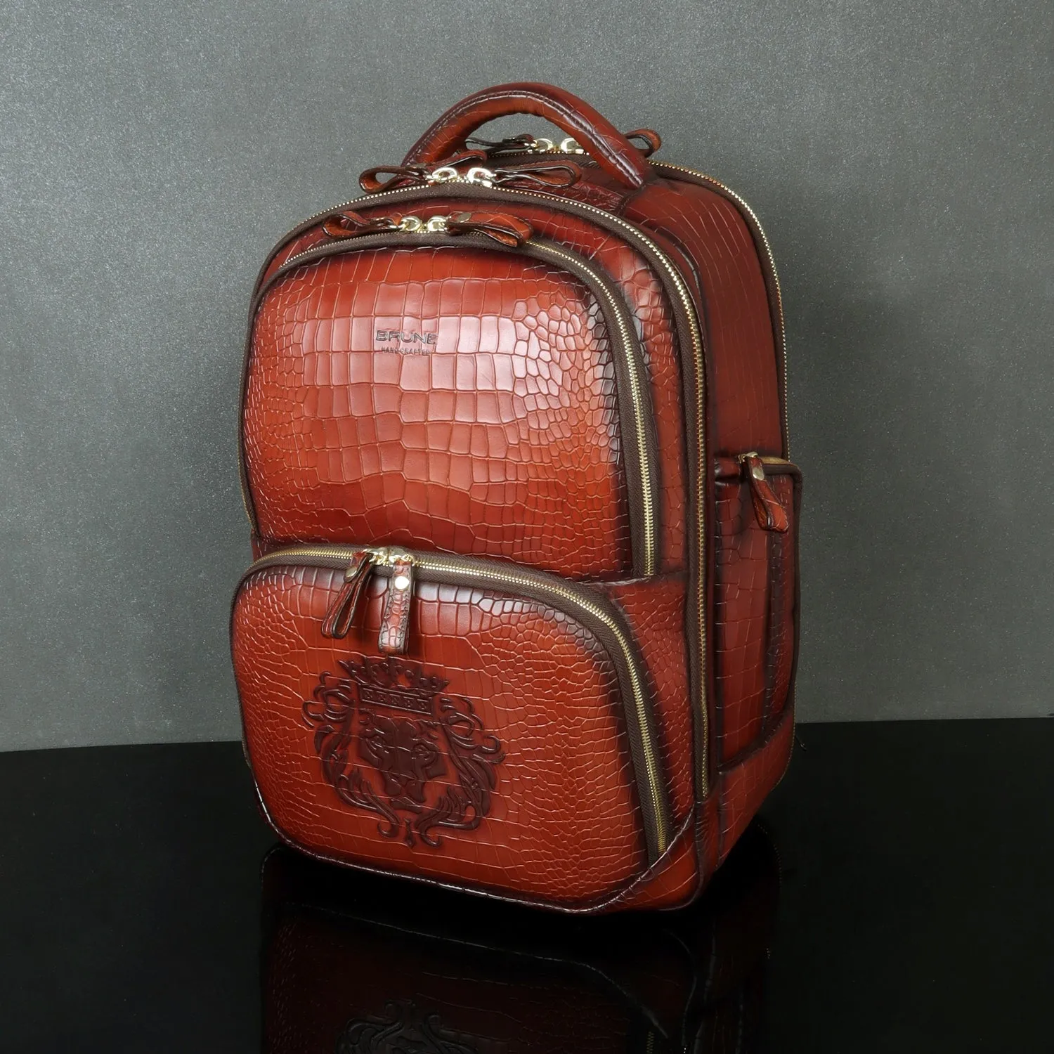 Embossed Lion Tan Leather Backpack Croco Textured Super Functional Multi pockets By Brune & Bareskin