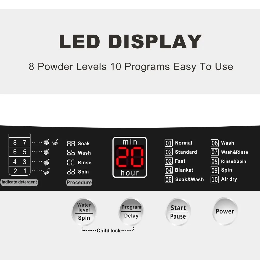 Full Automatic Washer Machine,Portable Washing Machine,Laundry Washer with 10 Wash Programs& LED Display& Built-in Drain Pump