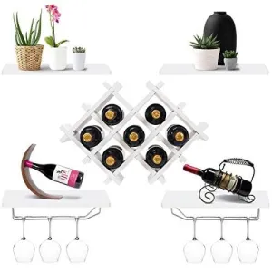 Giantex Set of 5 Wall Mount Wine Rack Set w/ Storage Shelves and Glass Holder (White)