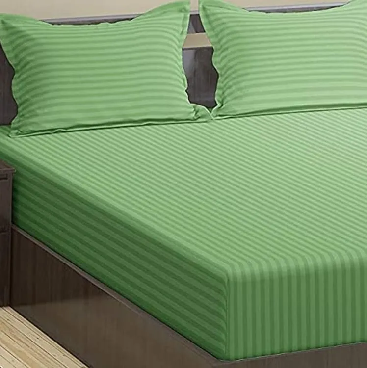 Glory Morgan 78"x72" inch King Satin Stripe Elastic Fitted Bedsheet | Bedroom Daily Use Fitted Bedspread with 2 Pillow Covers (6.5ft x 6ft Green)