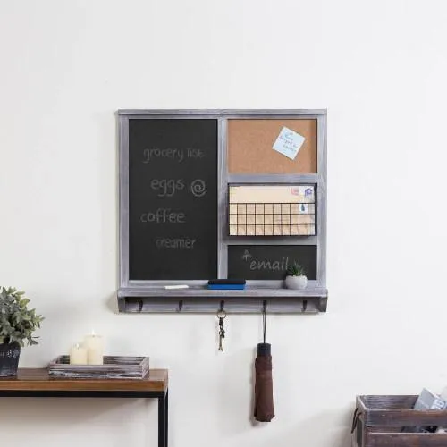 Gray Wood Chalkboard/Cork Board with Mail Basket, Shelf, and 5 Key Hooks