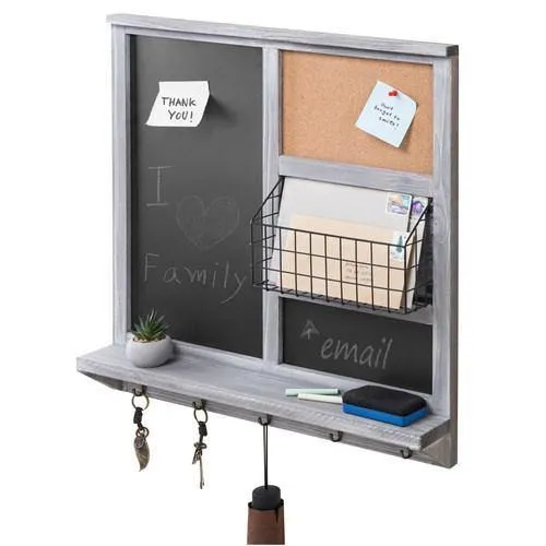 Gray Wood Chalkboard/Cork Board with Mail Basket, Shelf, and 5 Key Hooks