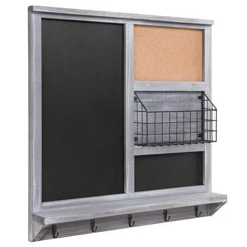 Gray Wood Chalkboard/Cork Board with Mail Basket, Shelf, and 5 Key Hooks