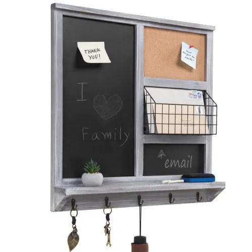 Gray Wood Chalkboard/Cork Board with Mail Basket, Shelf, and 5 Key Hooks