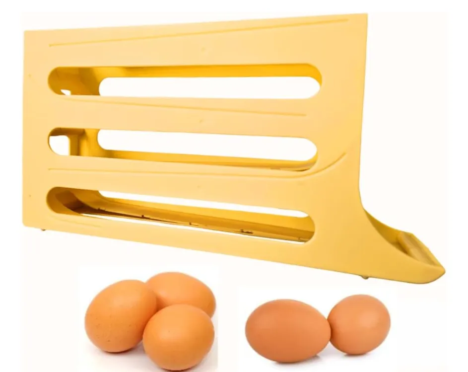 K&KLACOSTA 4 Tier Egg Tray, Automatic Egg Rolling Dispenser Rack for Storing Organizing Distributing and Rolling Eggs in Refrigerator Stackable, in Kitchens, Cabinets, Dining Tables (Yellow)