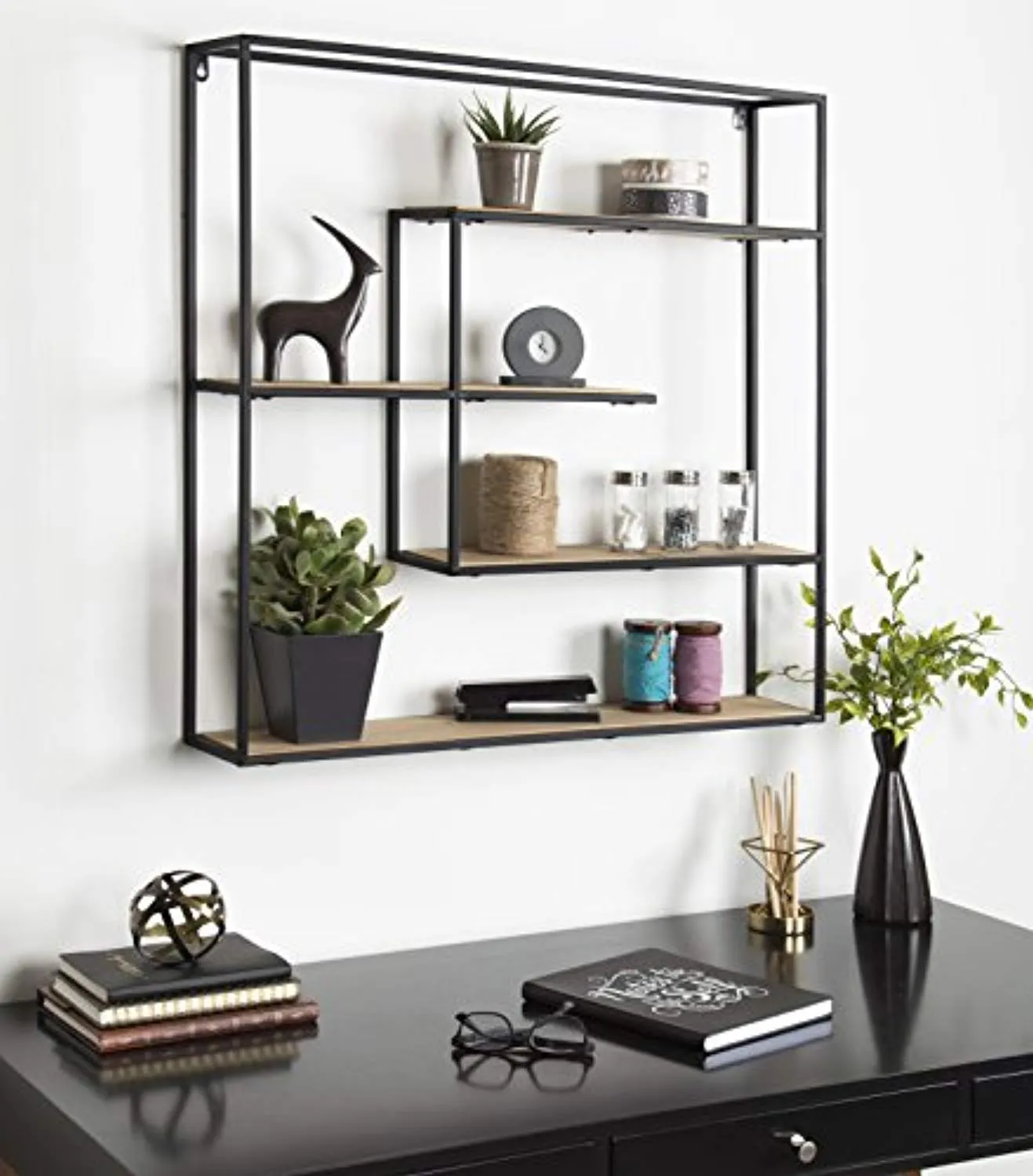 Large Modern Decorative Floating Wall Shelves with Black Metal Frame, Rustic Brown Wood