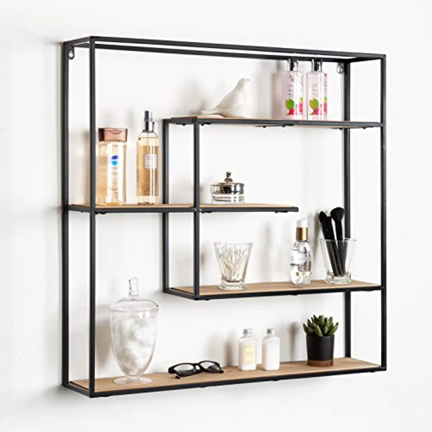 Large Modern Decorative Floating Wall Shelves with Black Metal Frame, Rustic Brown Wood