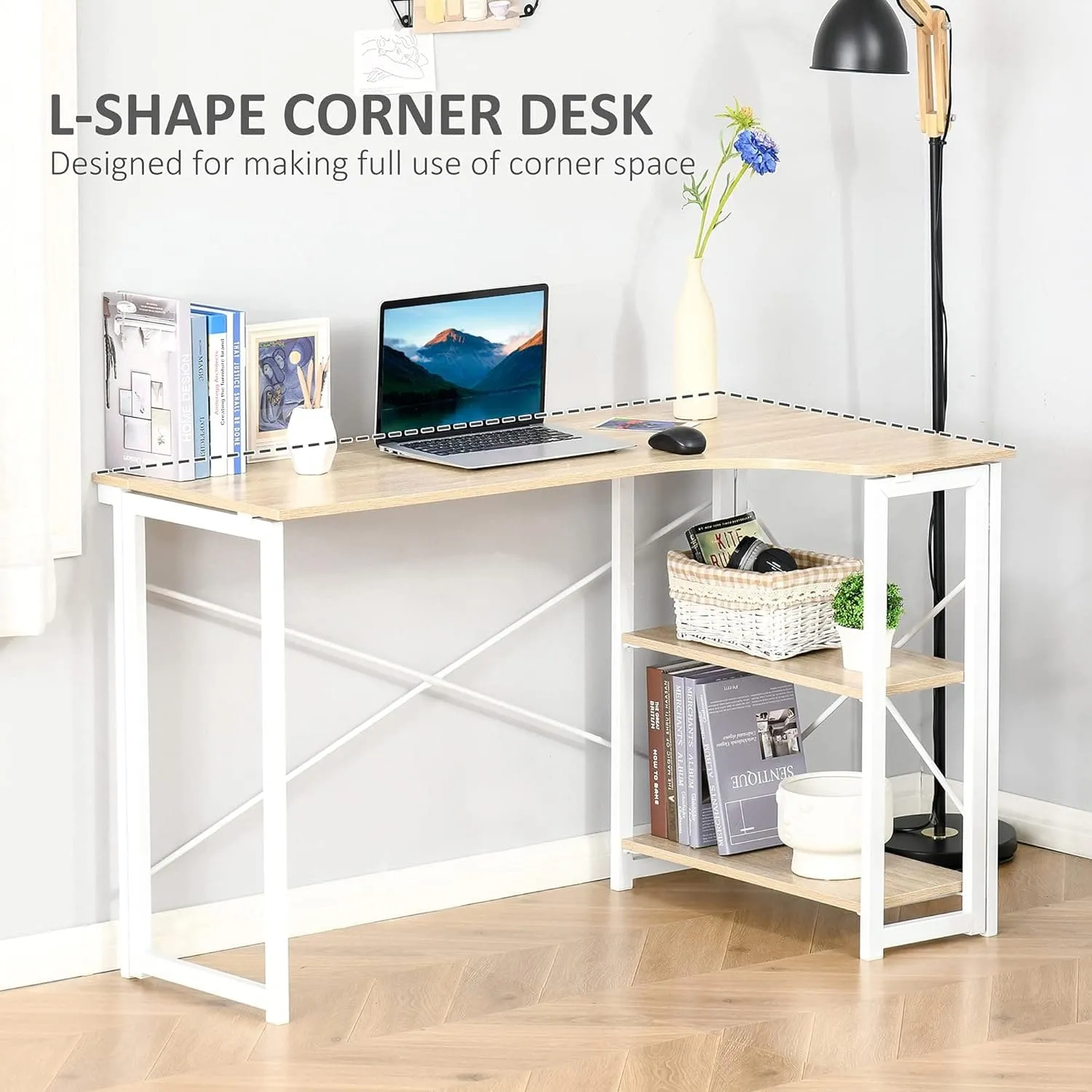 ProperAV Extra Folding L-Shaped Corner Desk with 2 Shelves - Oak