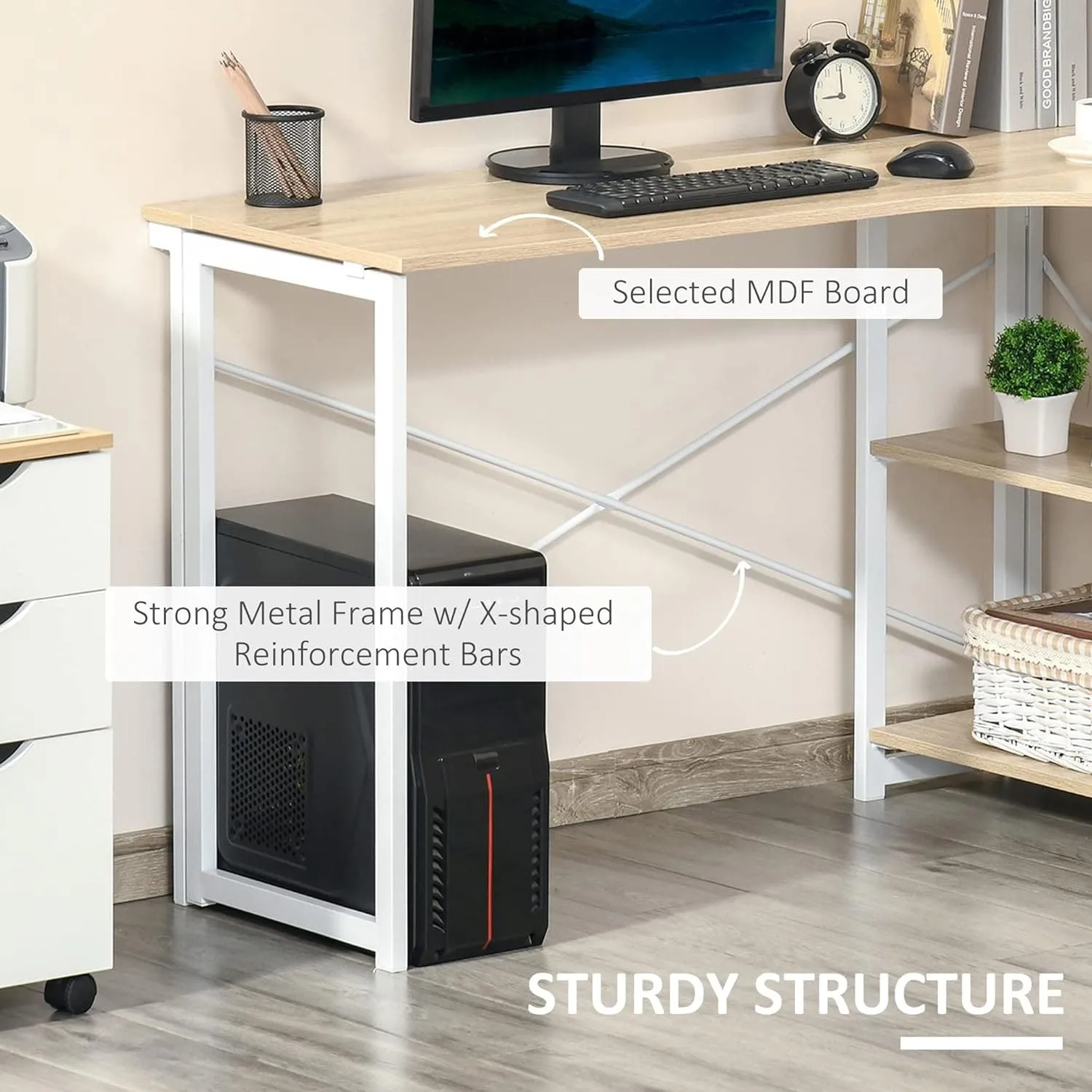 ProperAV Extra Folding L-Shaped Corner Desk with 2 Shelves - Oak