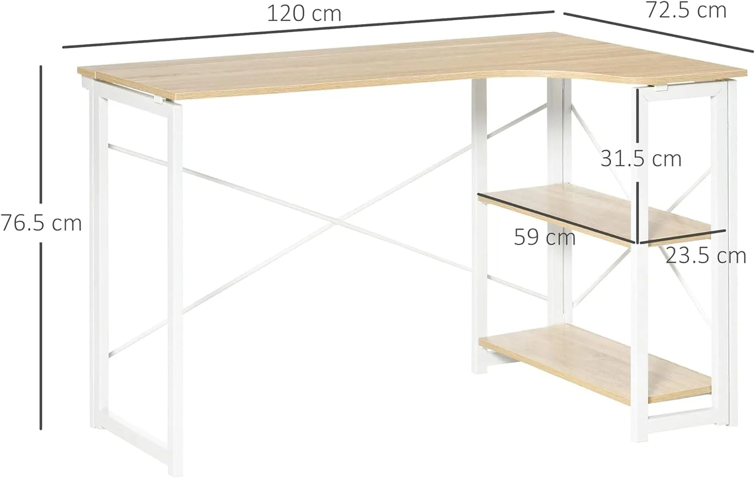 ProperAV Extra Folding L-Shaped Corner Desk with 2 Shelves - Oak