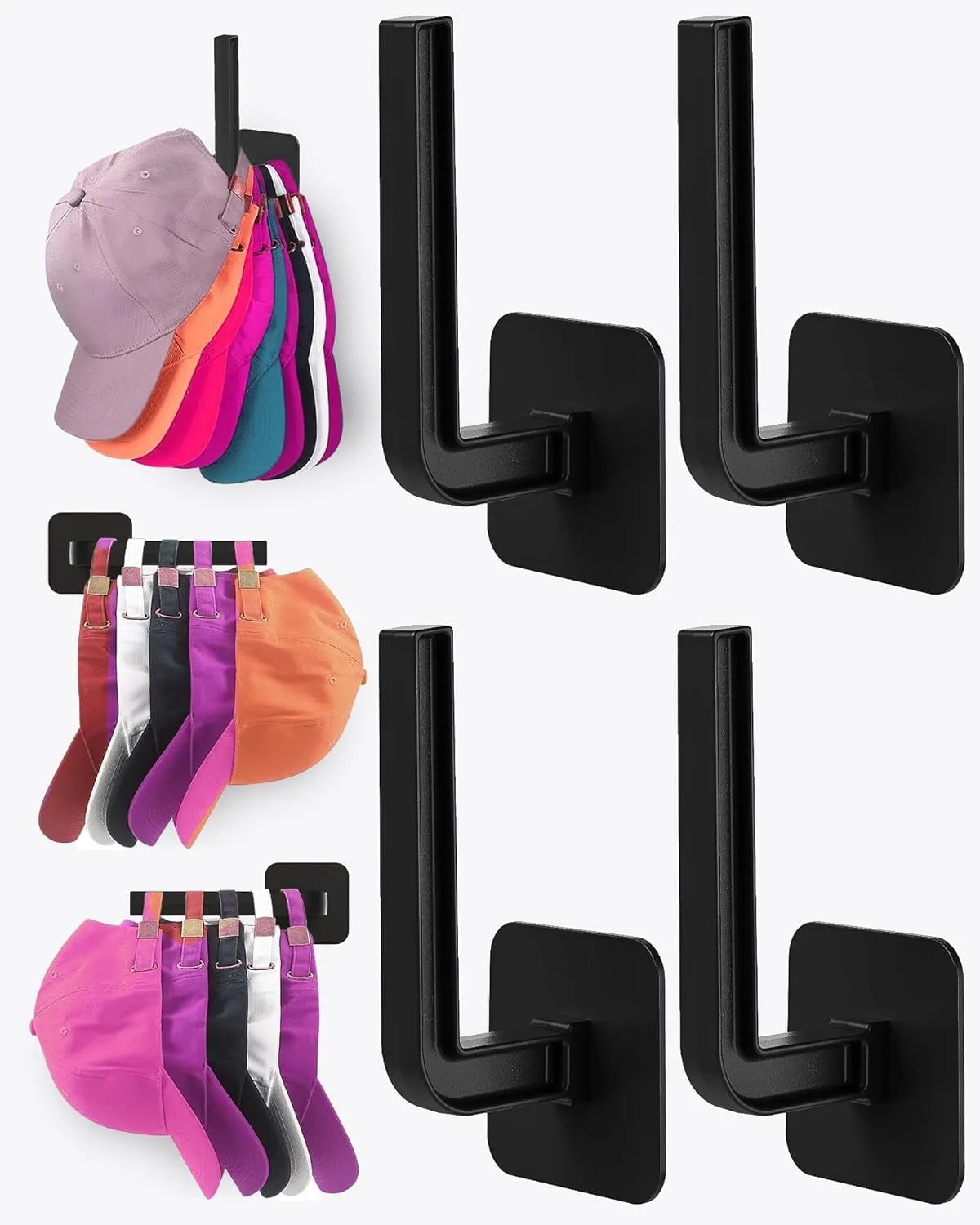 relaxed 4-Pack  Baseball Cap Hat Racks - Wall Adhesive Hooks Hanger Holder, Strong Multi-Purpose Organizer for Door/Closet - Black