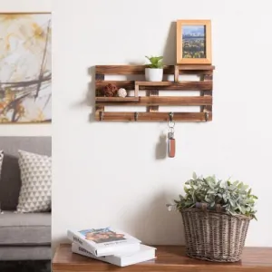 Rustic Burnt Wood Entryway Shelf w/ Key Hooks