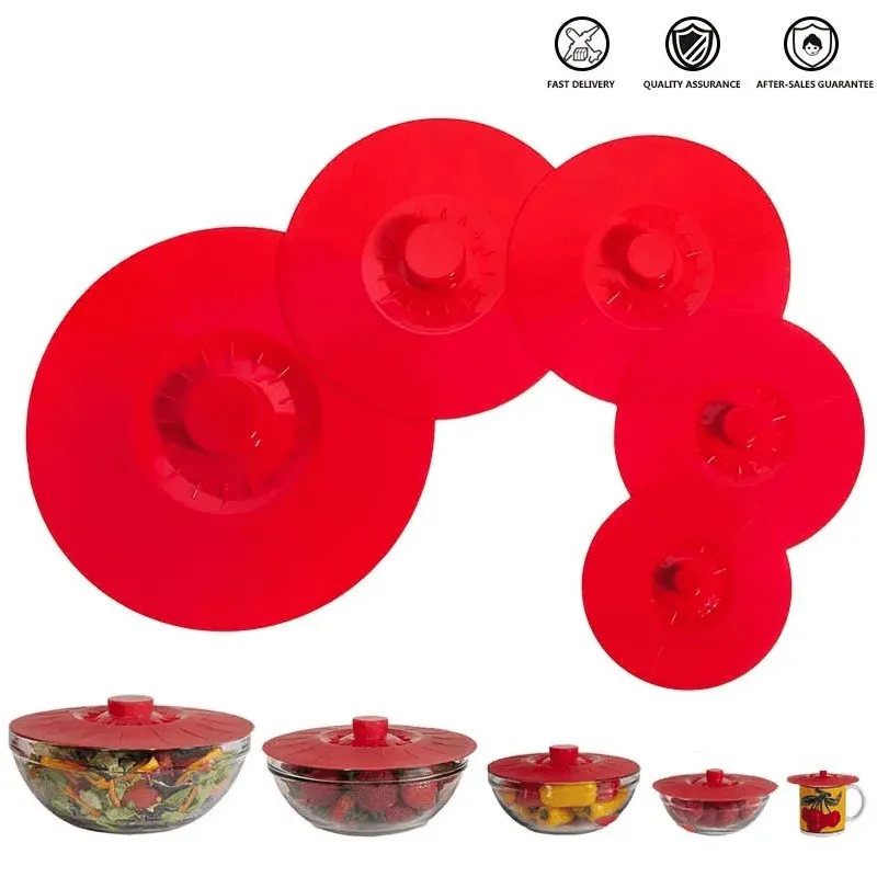 Set Of 5 Multifunctional Food Preservation Silicone Lids AMP-SIL3 RED