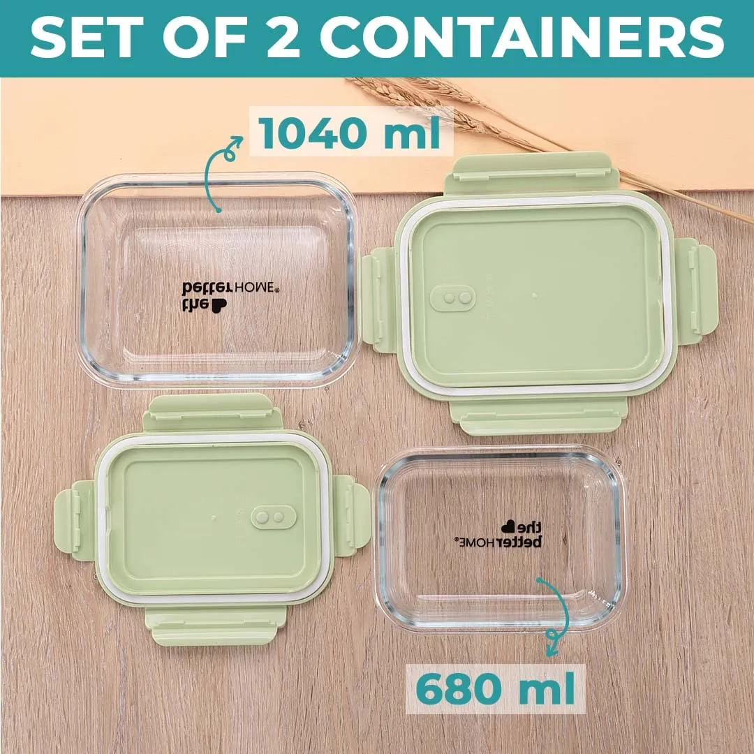 The Better Home Borosilicate Glass Lunch Box Set of 2 (410ml & 680ml) | Tiffin Box for Office for Men Women | Lunch Box for Women School Kids | Microwave Safe Leak Proof Airtight Lunch Boxes (Green)