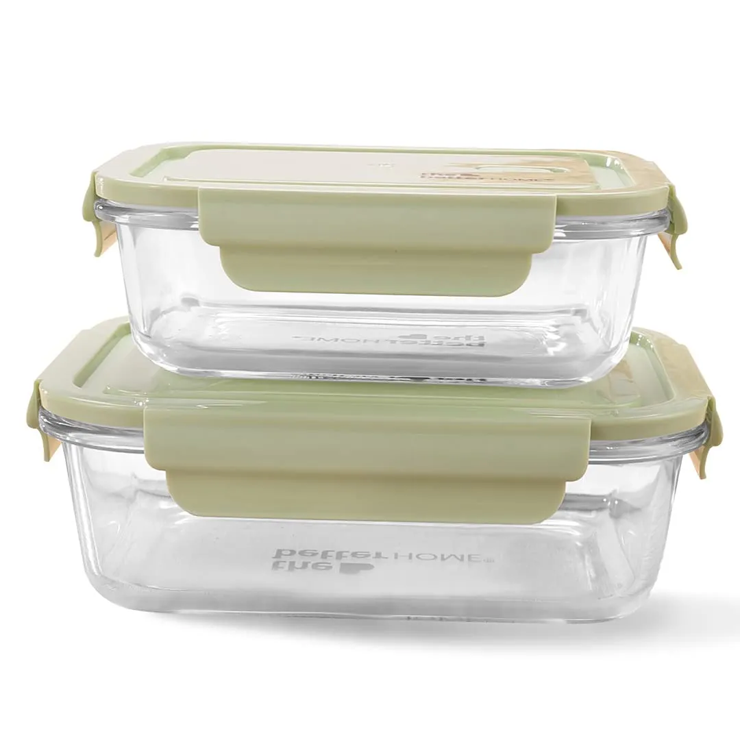 The Better Home Borosilicate Glass Lunch Box Set of 2 (410ml & 680ml) | Tiffin Box for Office for Men Women | Lunch Box for Women School Kids | Microwave Safe Leak Proof Airtight Lunch Boxes (Green)