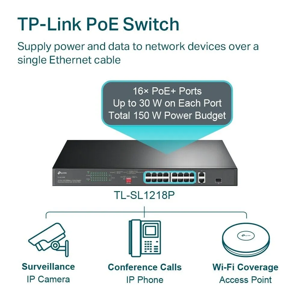 TP-Link TL-SL1218P 16-Port 10/100 Mbps   2-Port Gigabit Rackmount Switch with 16-Port PoE 