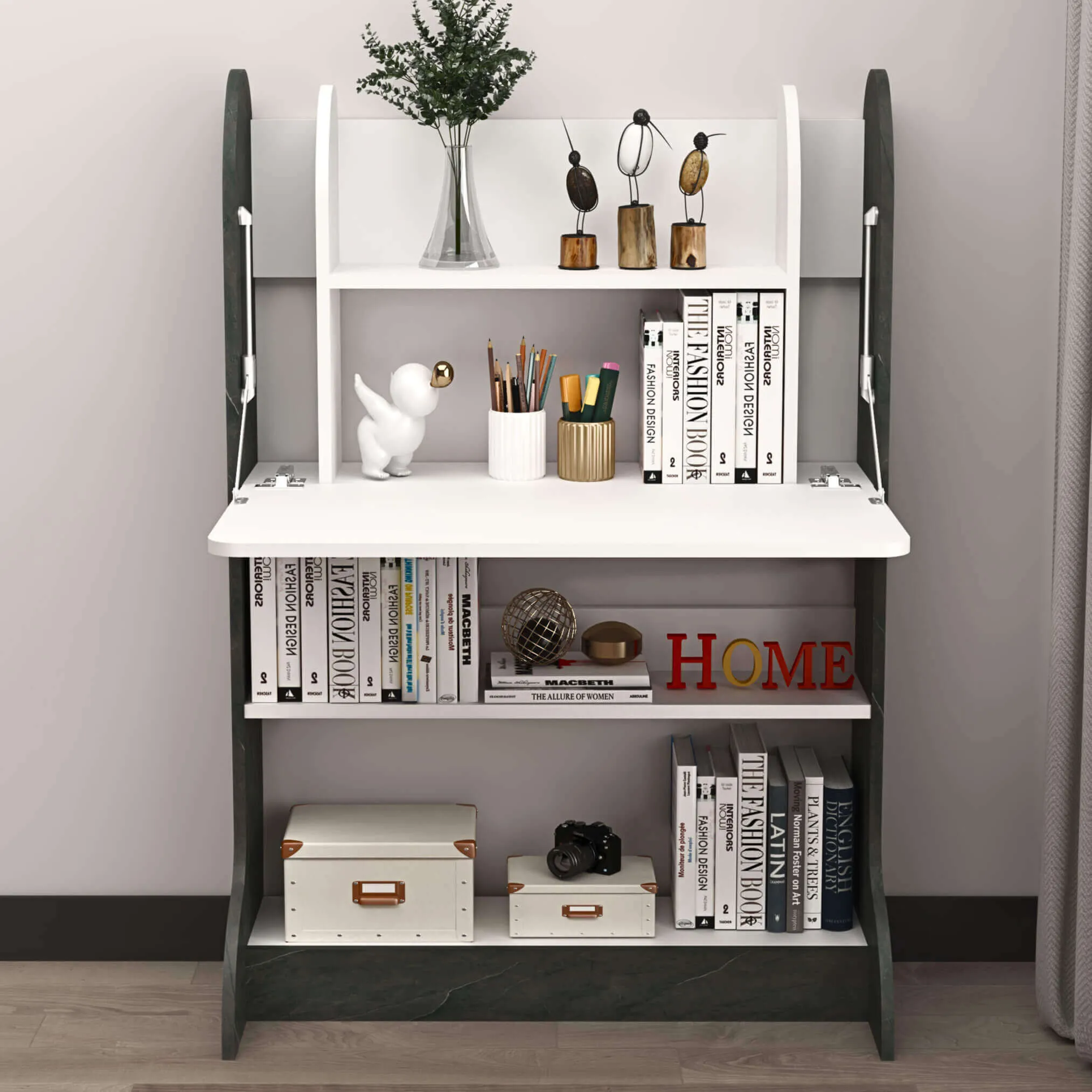 Wall Mountable Wood Standing Desk with Fold Down Table and Storage Shelves