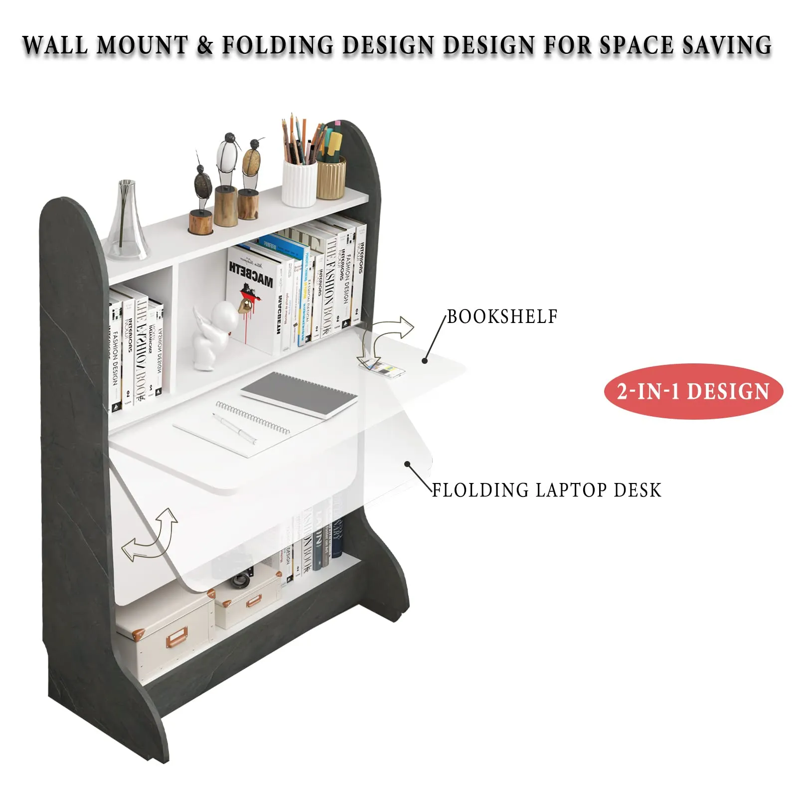 Wall Mountable Wood Standing Desk with Fold Down Table and Storage Shelves