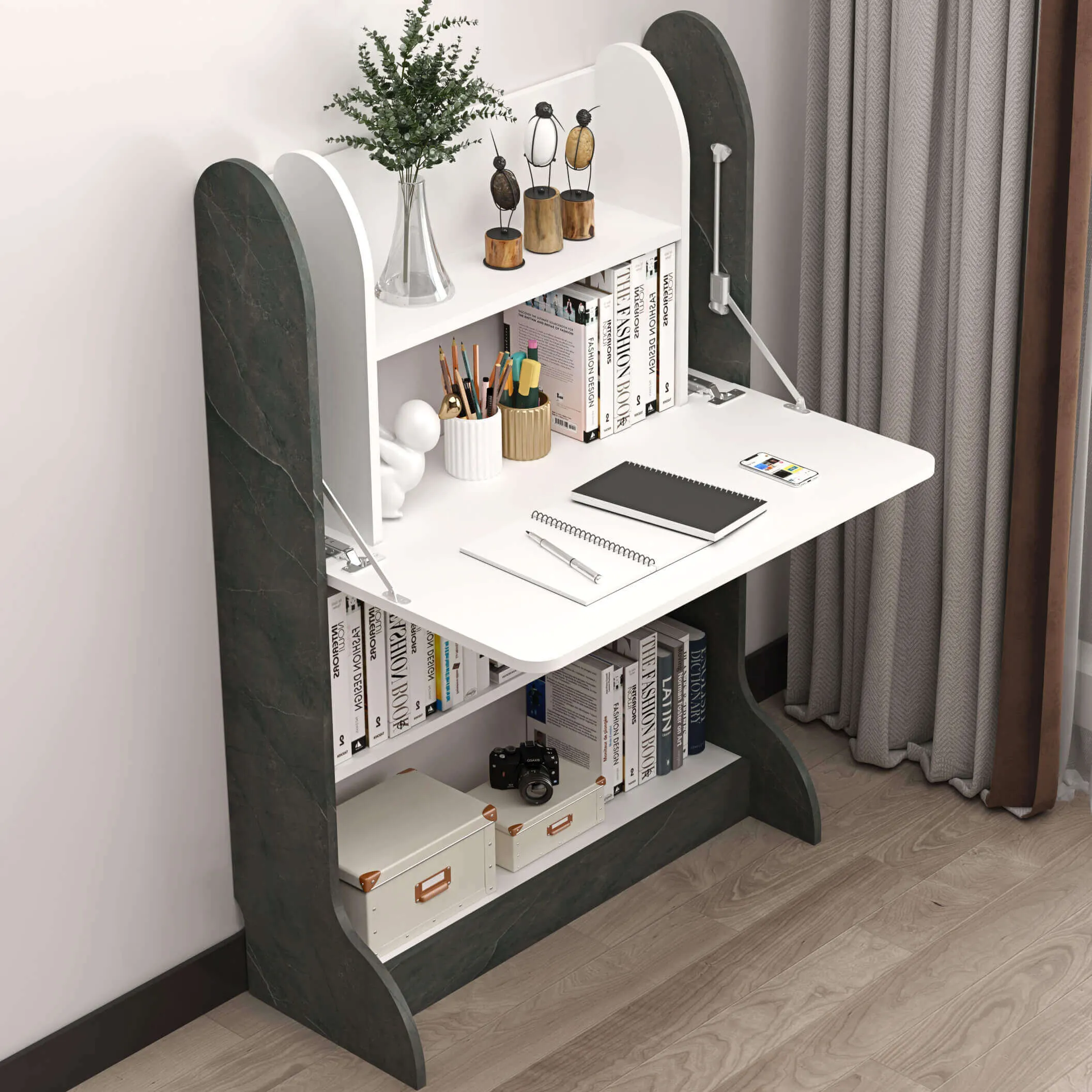 Wall Mountable Wood Standing Desk with Fold Down Table and Storage Shelves