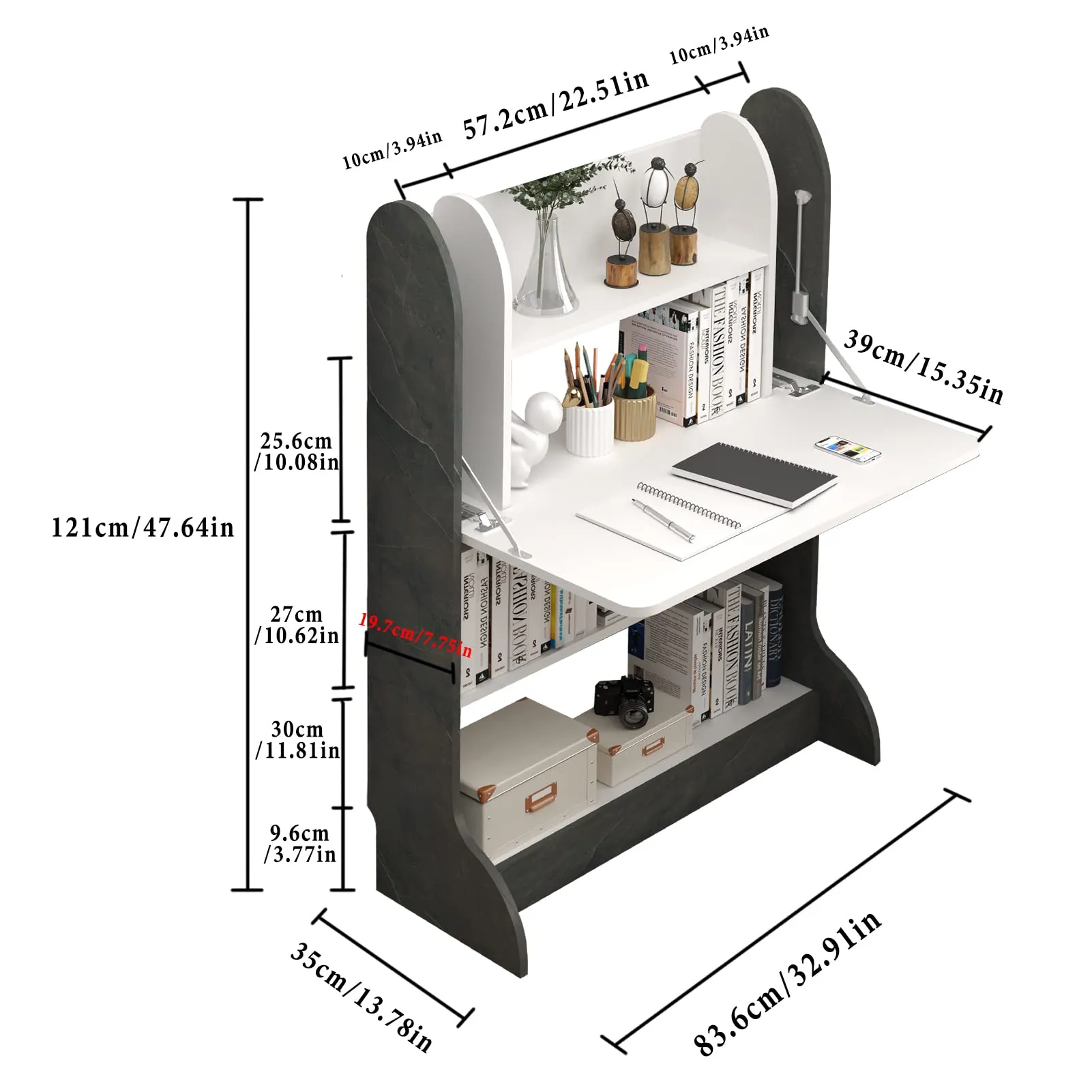 Wall Mountable Wood Standing Desk with Fold Down Table and Storage Shelves