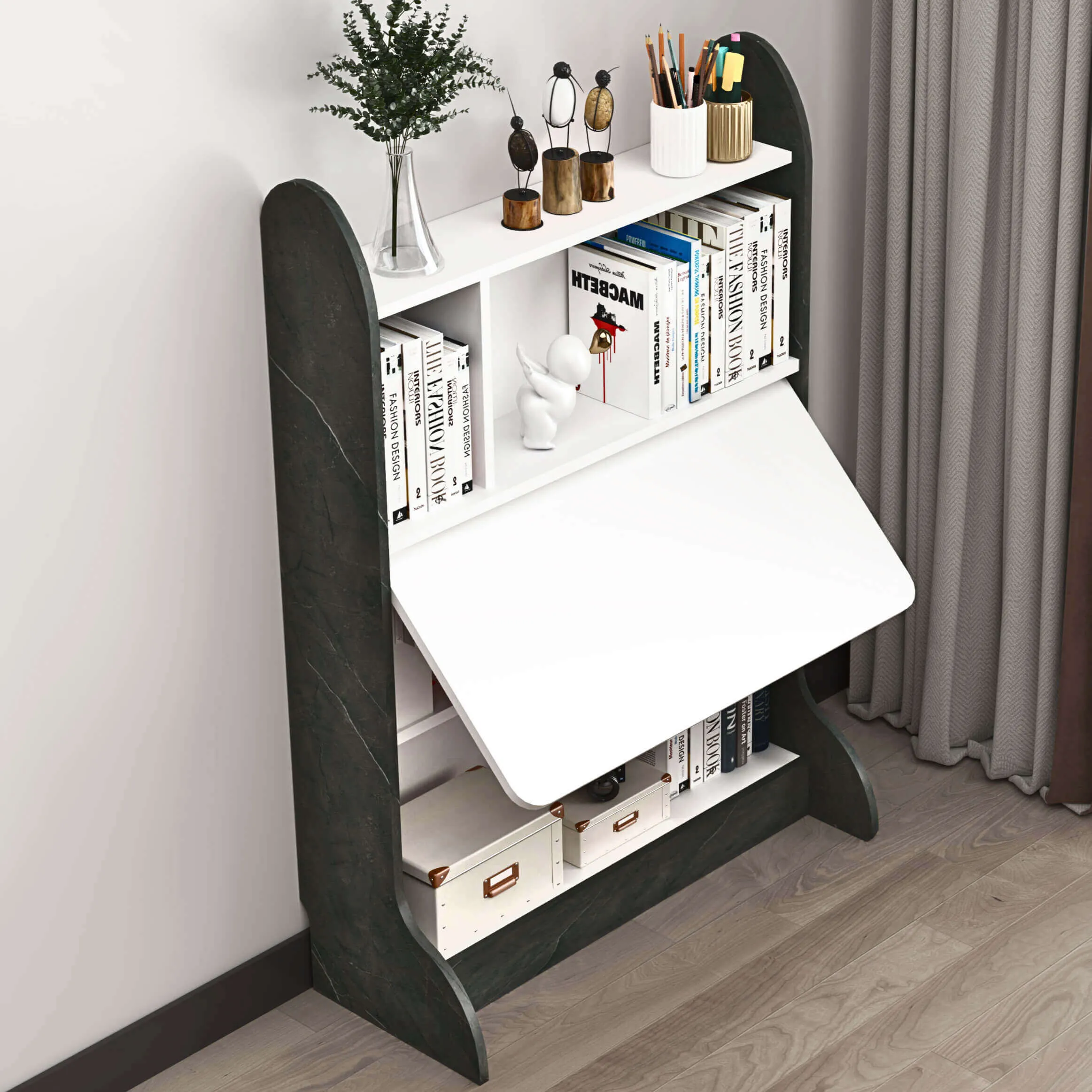 Wall Mountable Wood Standing Desk with Fold Down Table and Storage Shelves