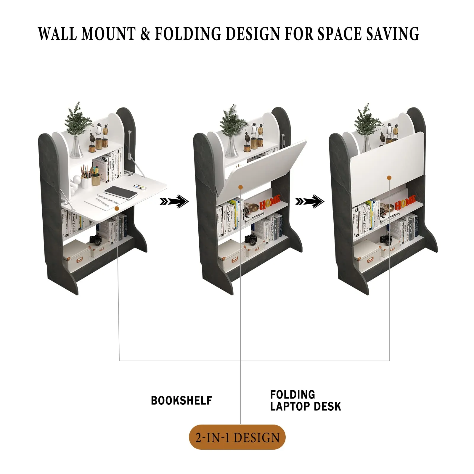 Wall Mountable Wood Standing Desk with Fold Down Table and Storage Shelves