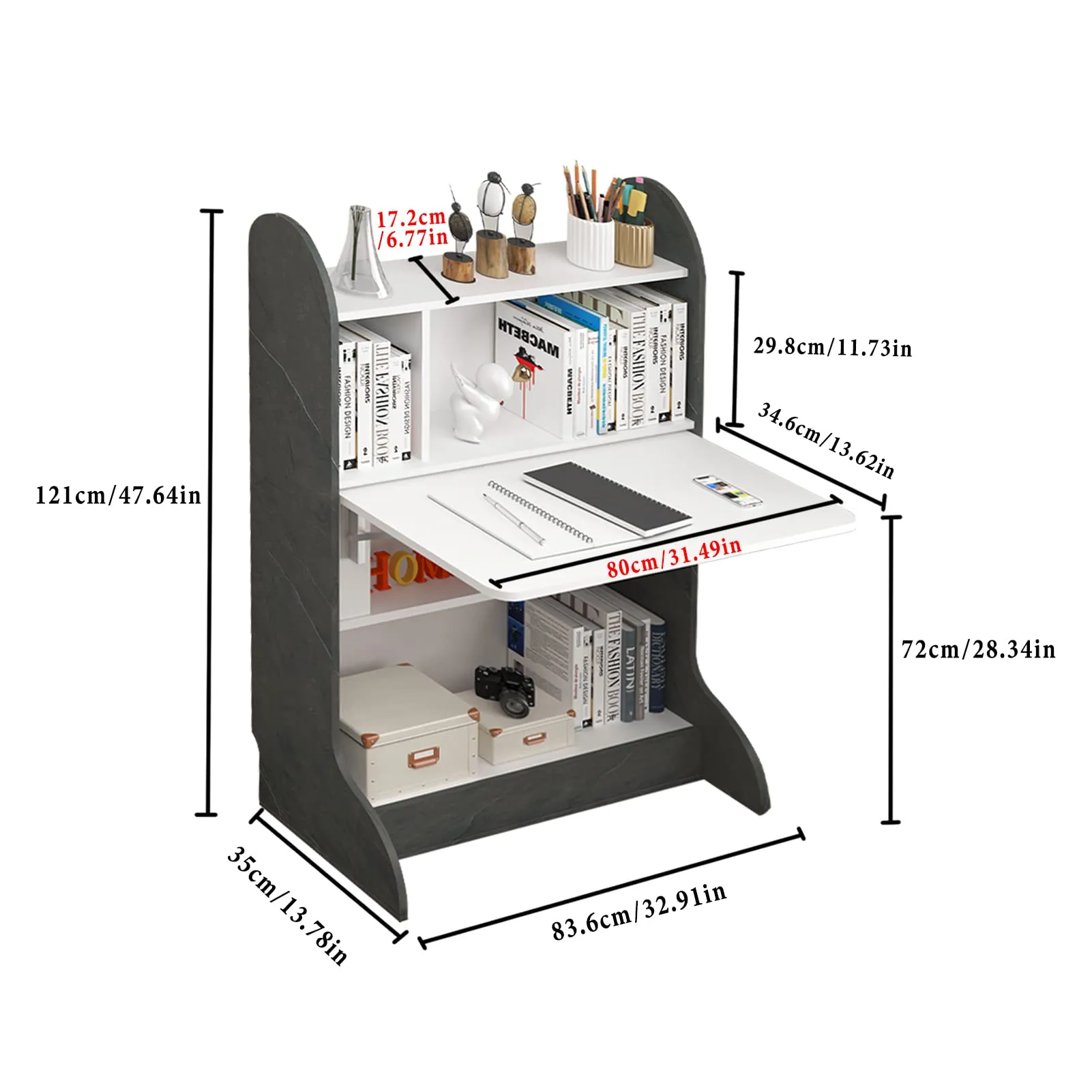 Wall Mountable Wood Standing Desk with Fold Down Table and Storage Shelves