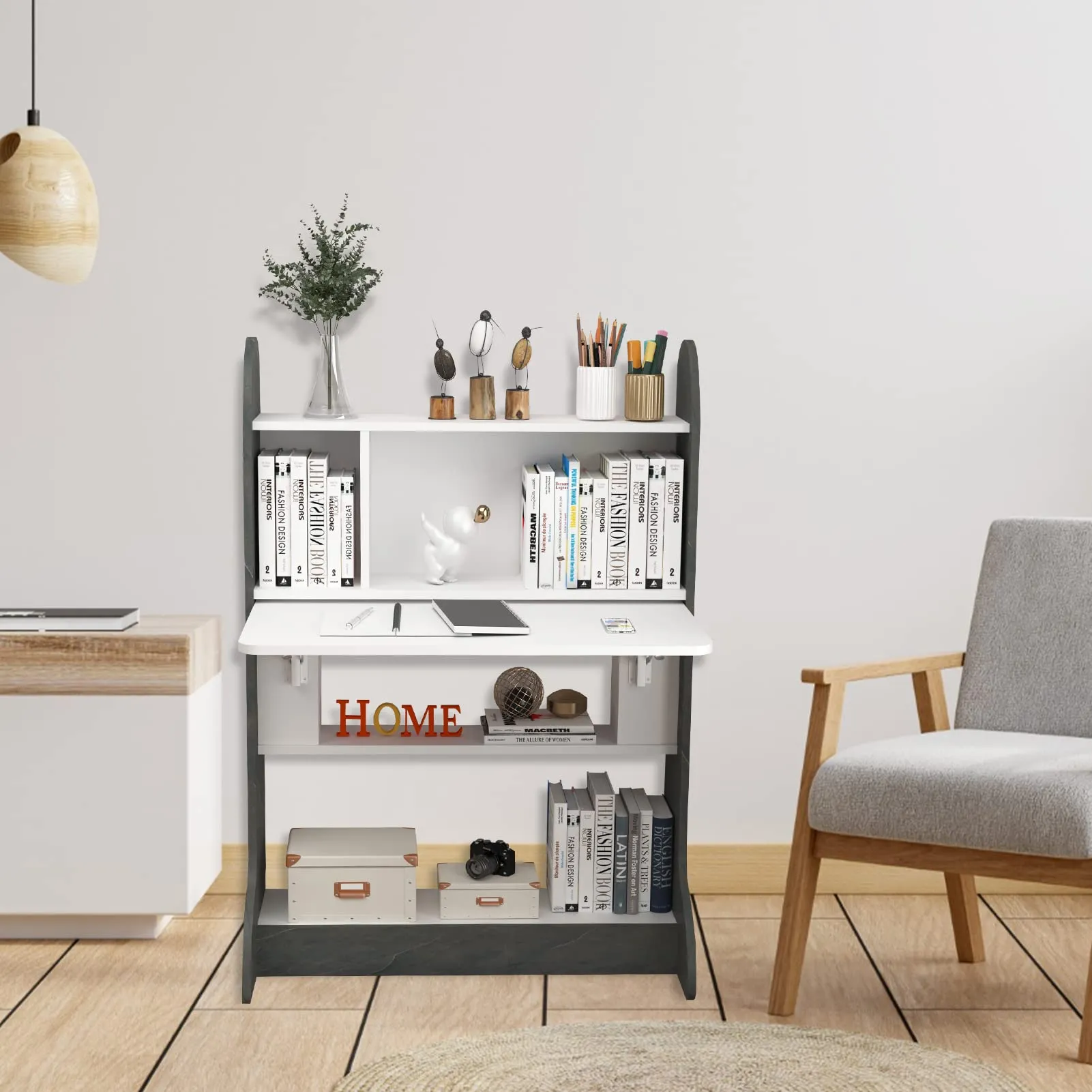 Wall Mountable Wood Standing Desk with Fold Down Table and Storage Shelves