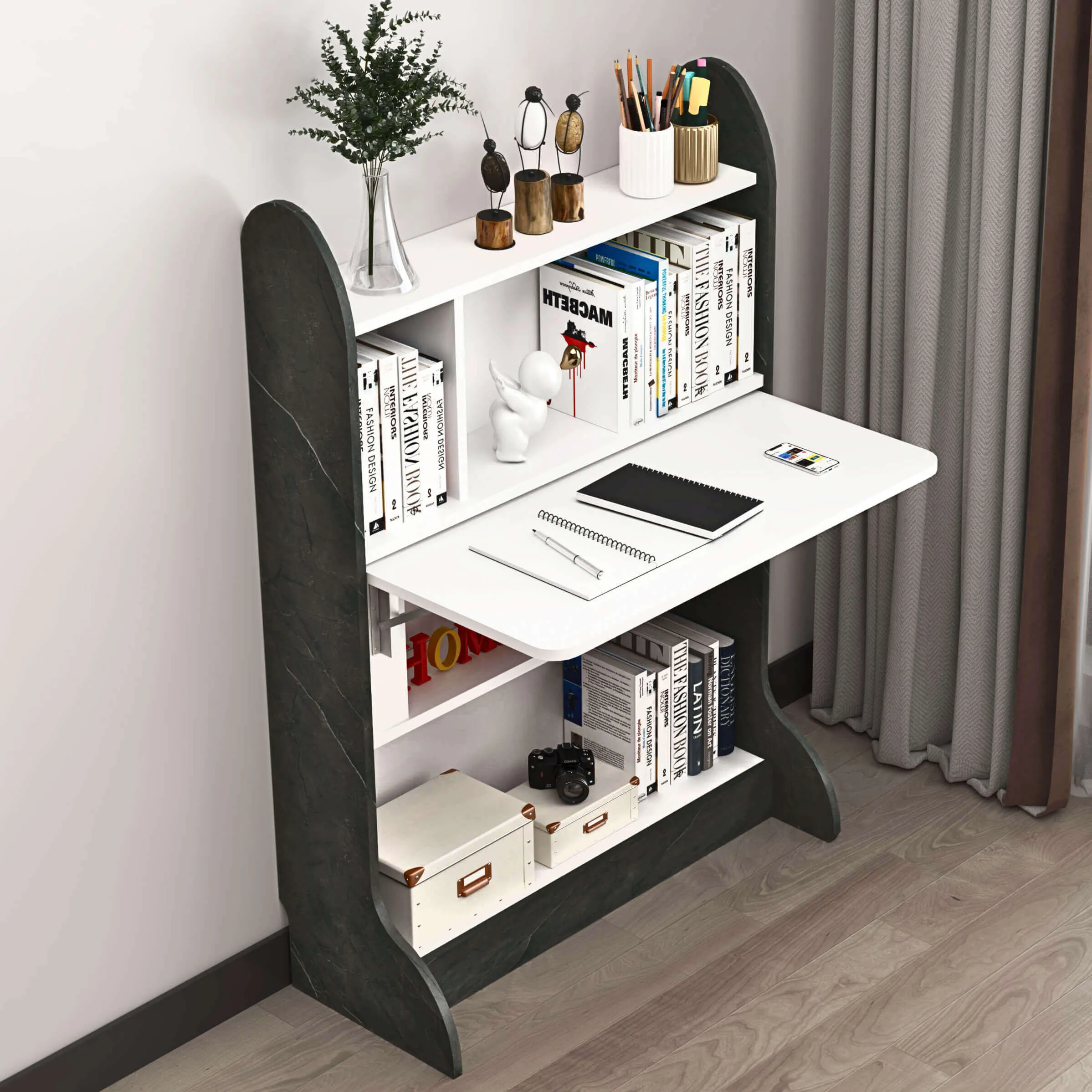 Wall Mountable Wood Standing Desk with Fold Down Table and Storage Shelves